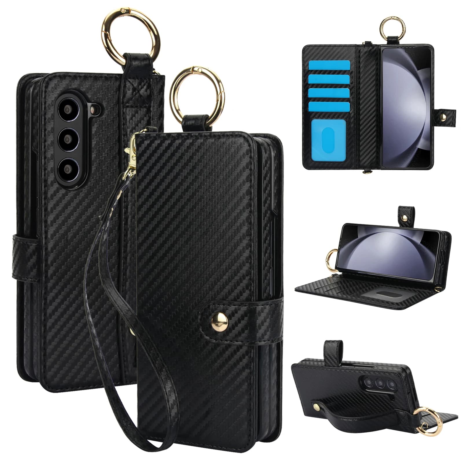 Per Samsung Galaxy Z Fold 7 6 5 4 3 5G Cordino a tracolla Portafoglio in pelle Custodia per carte Corda da polso Flip Stand Cover con slot per penna
