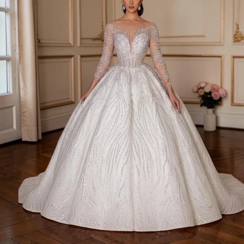 Abito da sposa personalizzato con gonna ampia in raso, scollo a V profondo, maniche lunghe, ricami di perline, schiena scoperta e allacciatura, gonna voluminosa - Vestido De Novia