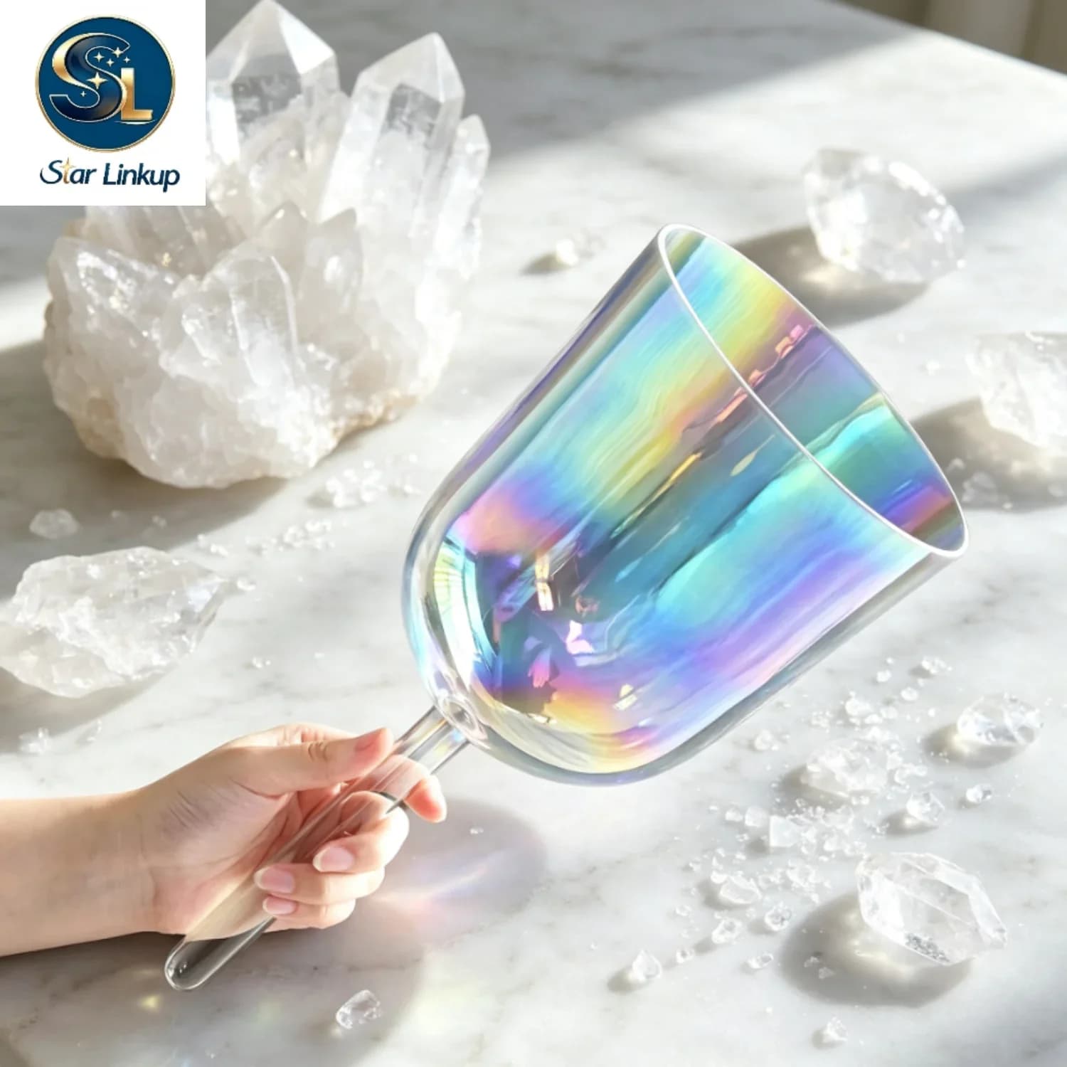 STAR LINKUP 3.5 Inch Cosmic Light Clear Quartz Crystal Singing Bowl with Handle for Stress Relief Sound Healing and Meditation