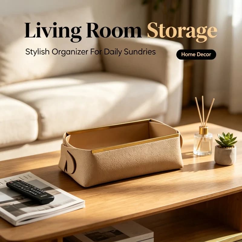 Nordic Leather Storage Basket Rectangular Gold Trim Detachable Desktop Organizer Living Room Clutter Sorting Bin