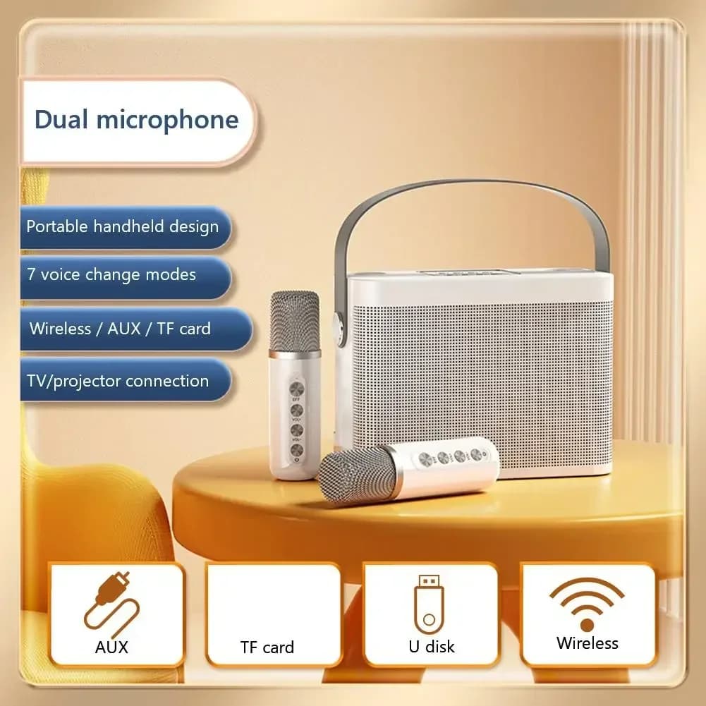 Mini sistema di altoparlanti Bluetooth wireless portatili per macchina per karaoke ad alta potenza con 2 microfoni Set di altoparlanti Ktv per famiglie all-in-one