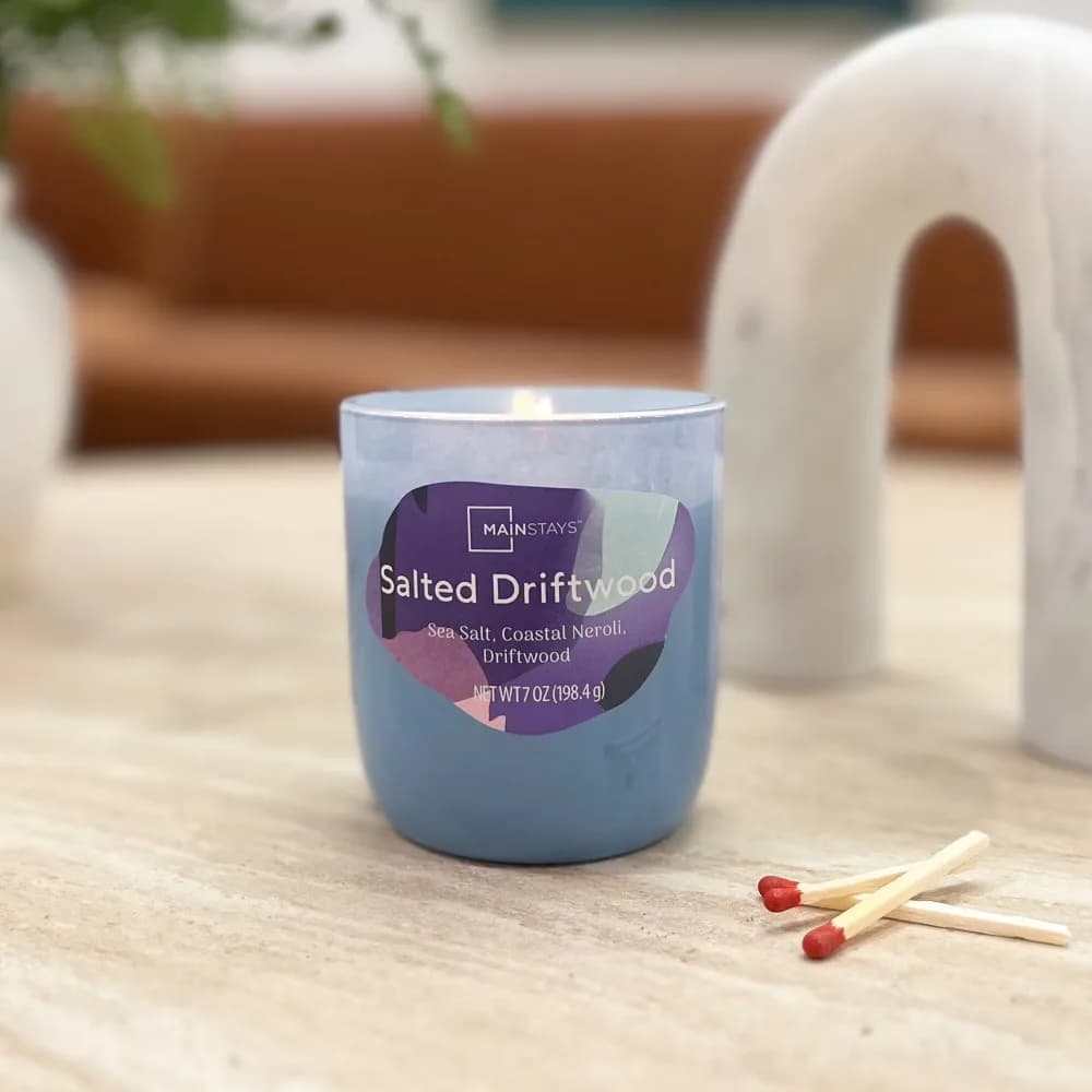 Scented Driftwood Aroma Glass Candle with Natural Sea Salt 7 oz One Wick Home Fragrance Jar for Relaxation Decor