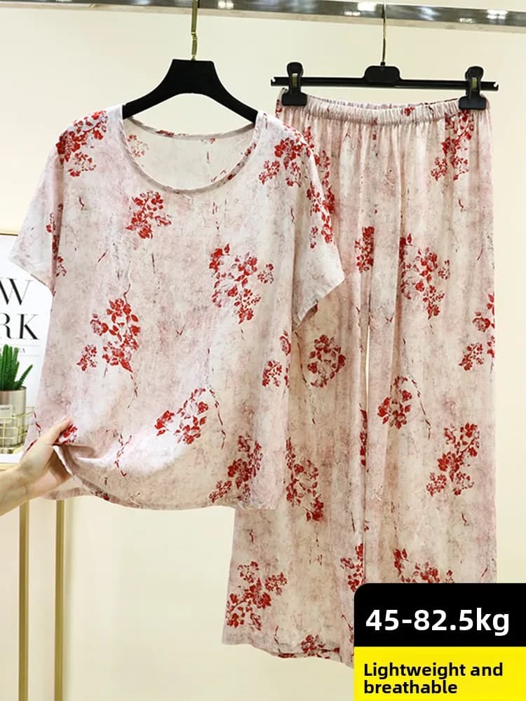 Lightweight Short Sleeve Silk Cotton Pajamas Set round Neck Sleepwear Pants Loose Fit Home Clothes Summer Collection