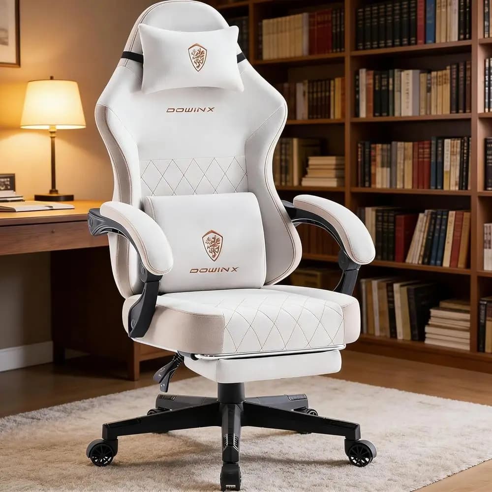 Sedia da Gaming Ergonomica con Cuscino a Molla, Supporto Lombare Massaggiante, Poggiapiedi, Sedile e Braccioli Imbottiti Larghi, Tessuto Traspirante, Re