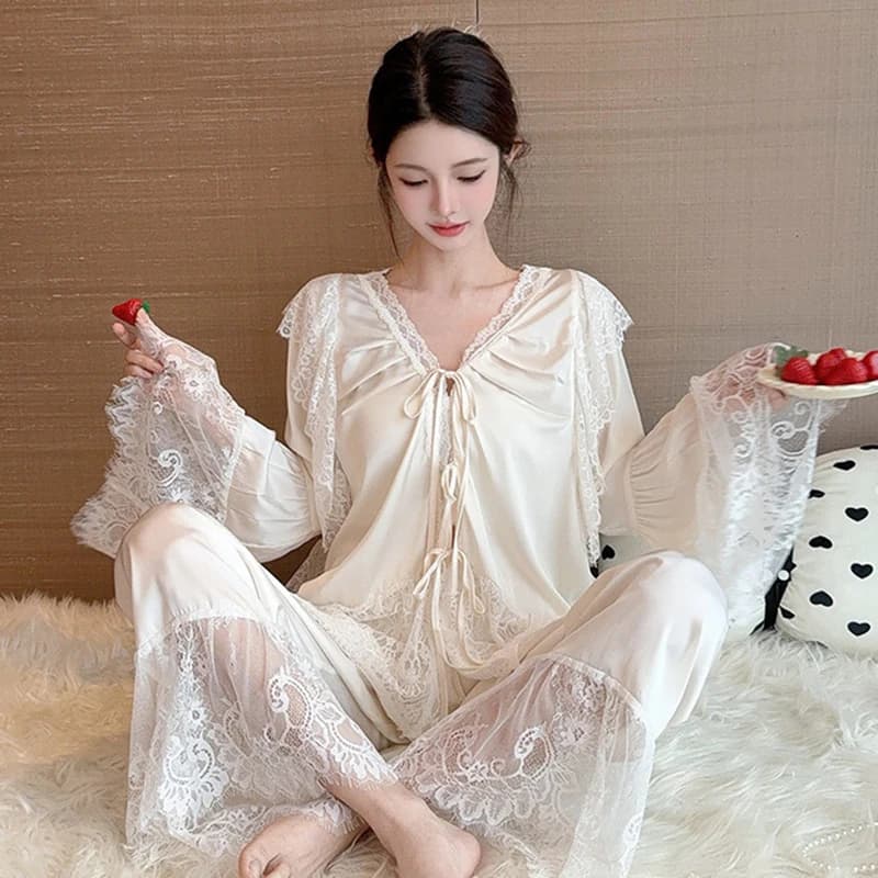 Nuovo Pigiama da Donna in Seta Ghiaccio, Stile Francese di Alta Gamma, Set con Pizzo e Patchwork, Sottile, Primavera-Estate, Maniche Lunghe, Abbigliamento da Casa