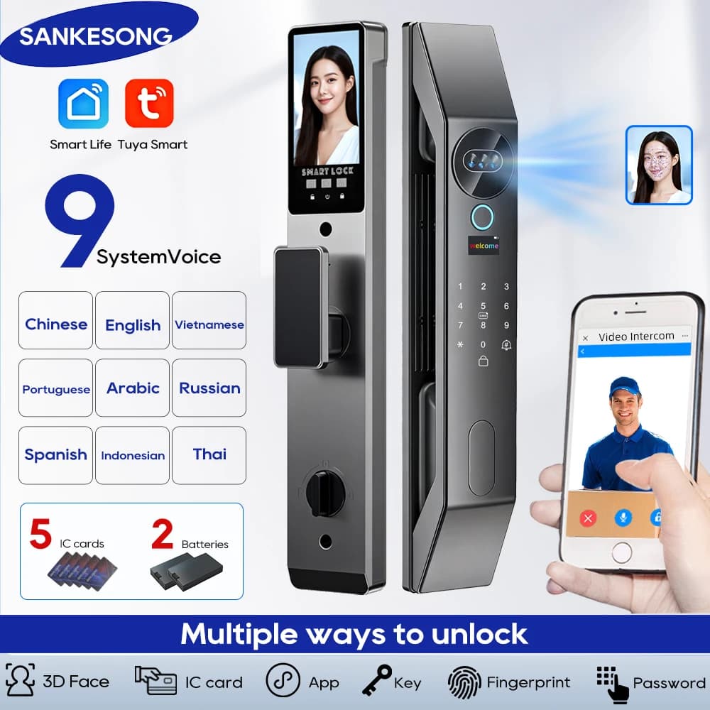 SANKESONG Tuya Smart 3D Face Door Lock Security Camera Monitor Intelligent Fingerprint Password Biometric Dual Battery