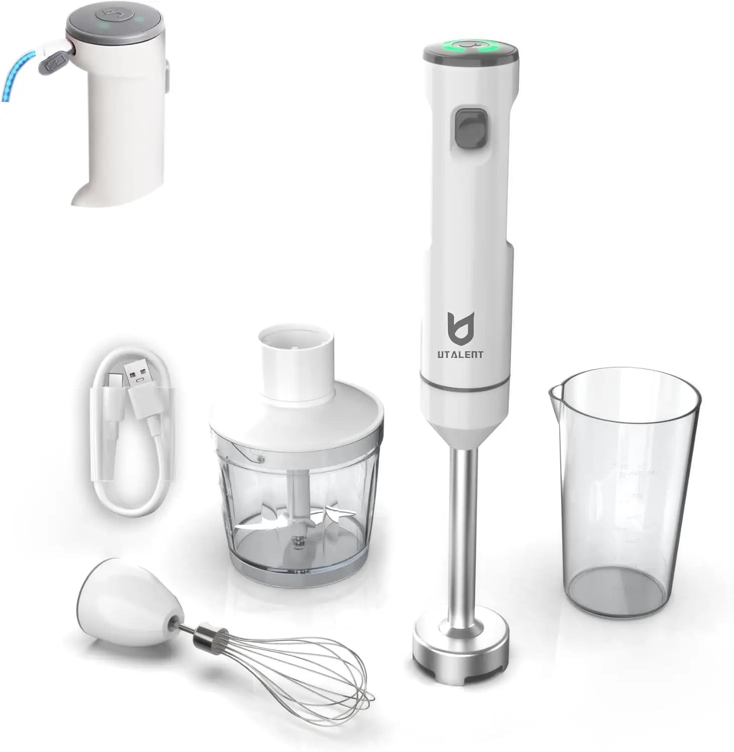 Dive mixer Rechargeable Wireless with 500ml Tritatutto, 600ml container and Frusta for Eggs for Frullati, Pappe, Zuppe - Bianco