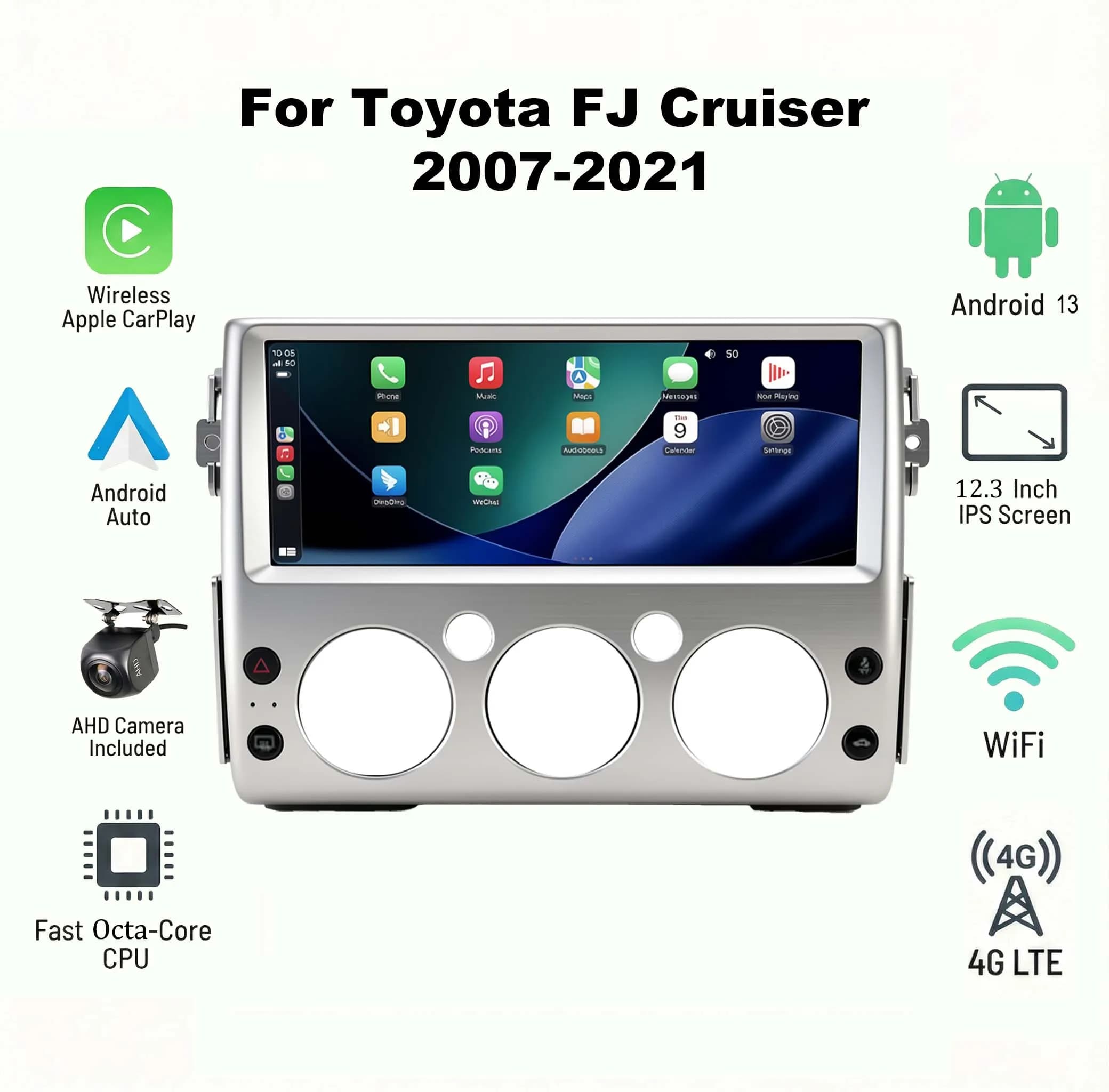 Autoradio Android 13 da 12,3 Pollici per Toyota FJ Cruiser 2007-2021, CarPlay Wireless, Android Auto, Touchscreen QLED, Navigazione GPS, Radio