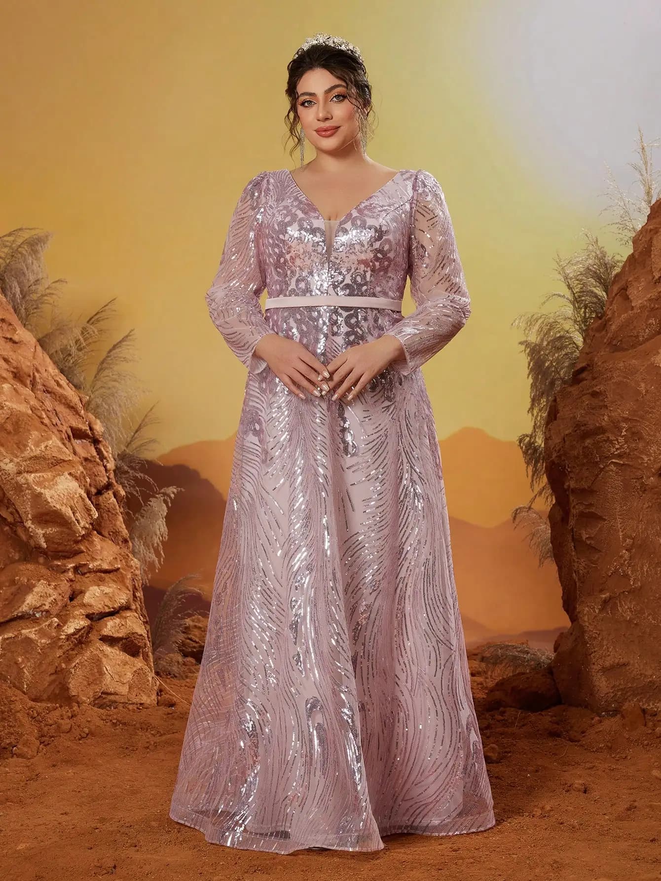 Mgiacy New Arrival V Neckline Large Evening Dress Dress With Sequin Belt Long Dress