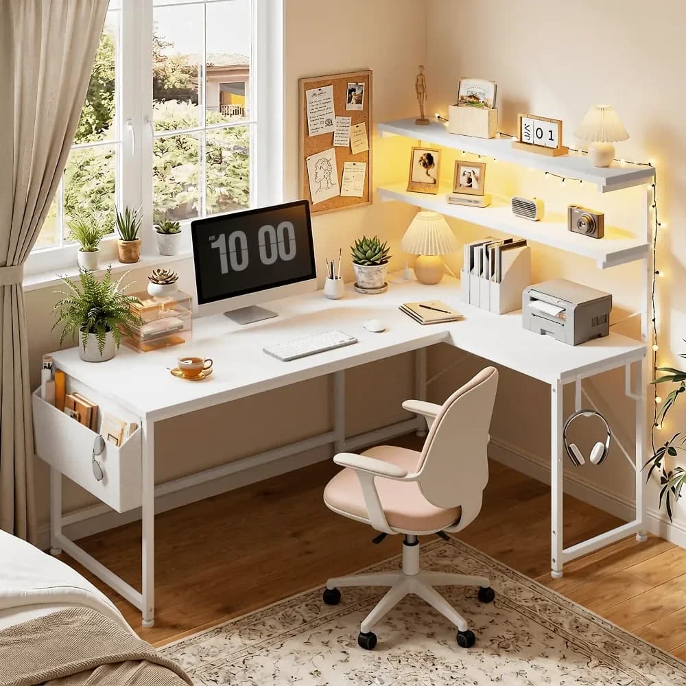 Scrivania a L Reversibile 43.3 per Computer, Ufficio Domestico e Gaming con Luce LED, Presa di Corrente e Contenitore, Bianca