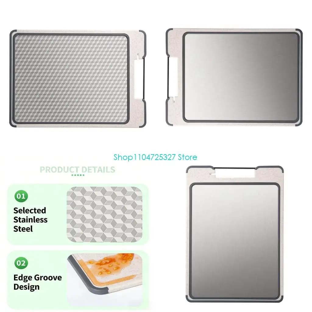 D8KF Professional Double Sided Stainless Steel Cutting Board With Wheat Straw Surfaces For Home And Outdoor Cooking