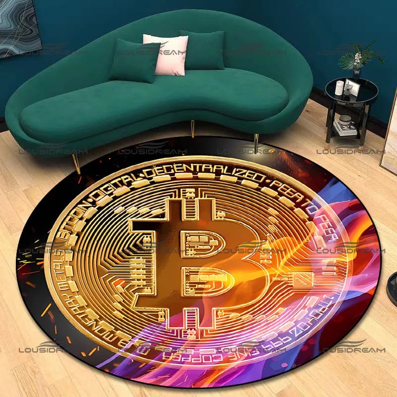 Tappeto rotondo con motivo a valuta virtuale tappeti con elementi Bitcoin tappetini per la decorazione della casa per interni tappetini per divani