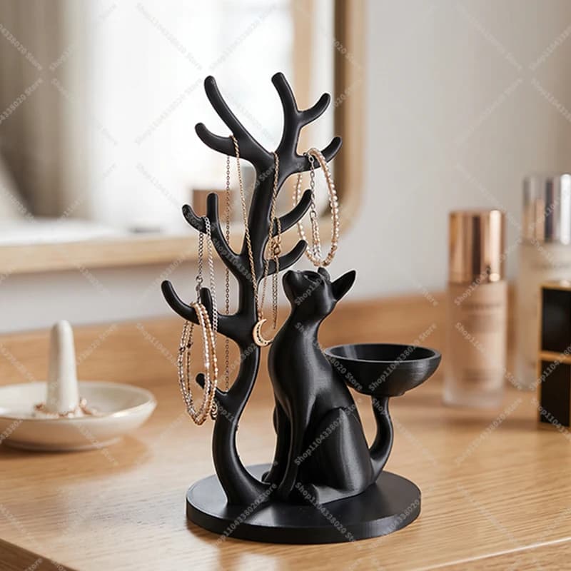 Cat Jewelry Tree Stand - Necklace Bracelet Organizer with Ring Dish, Modern Cat Lover Gift Desk Decor for Bedroom