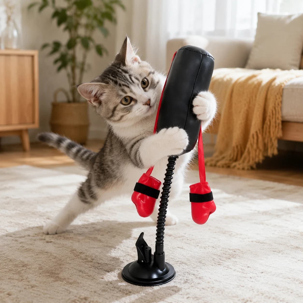 Funny Paw Punch Cat Boxing Toy Cat Punching Bag with Boxing Gloves-Interactive Exercise Toy Interactive Play Toy