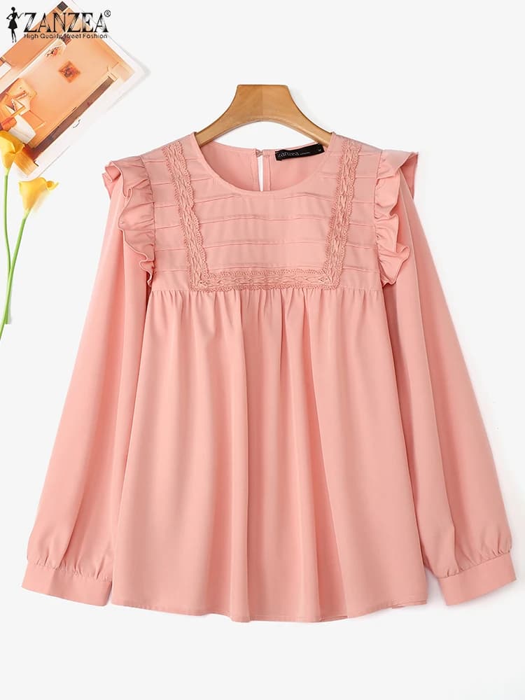 ZANZEA Camicette moda autunno Donna Casual Manica lunga Blusas Increspato Sweety Tinta unita Top Chic O-Collo Tuniche larghe Femme