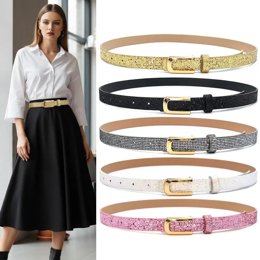 Sparkling Belt with Rhinestones, Versatile PU Leather, Vintage Luxury Design, Trendy Belt
