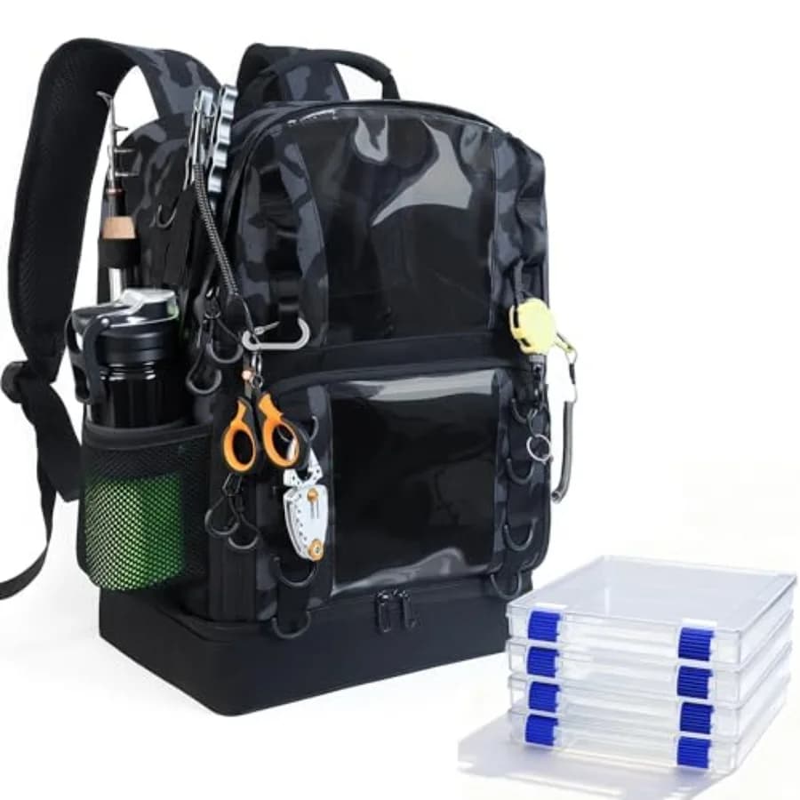 Outdoor 45L Fishing Backpack with 4 Tool Boxes, 2 Candles, Transparent Window, Mymetical Fishing Bag, Camping and Hiking
