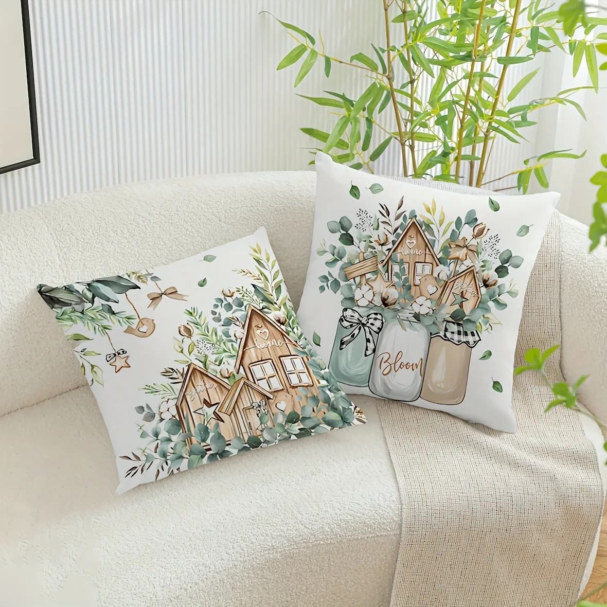 Fodera per cuscino in poliestere con cerniera, motivo coniglio e piante verdi nordiche, decorazione per la casa, camera da letto, soggiorno, divano
