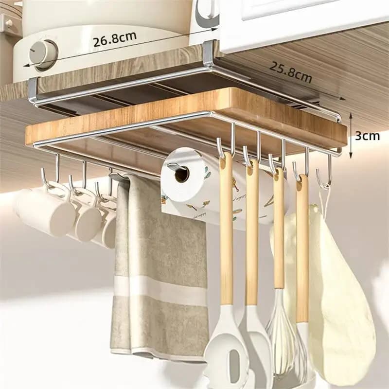 Organizzatore da cucina in acciaio inossidabile con ganci, asciugamani di carta, stracci, appendiabiti, tagliere, ripiano per coperchio della pentola