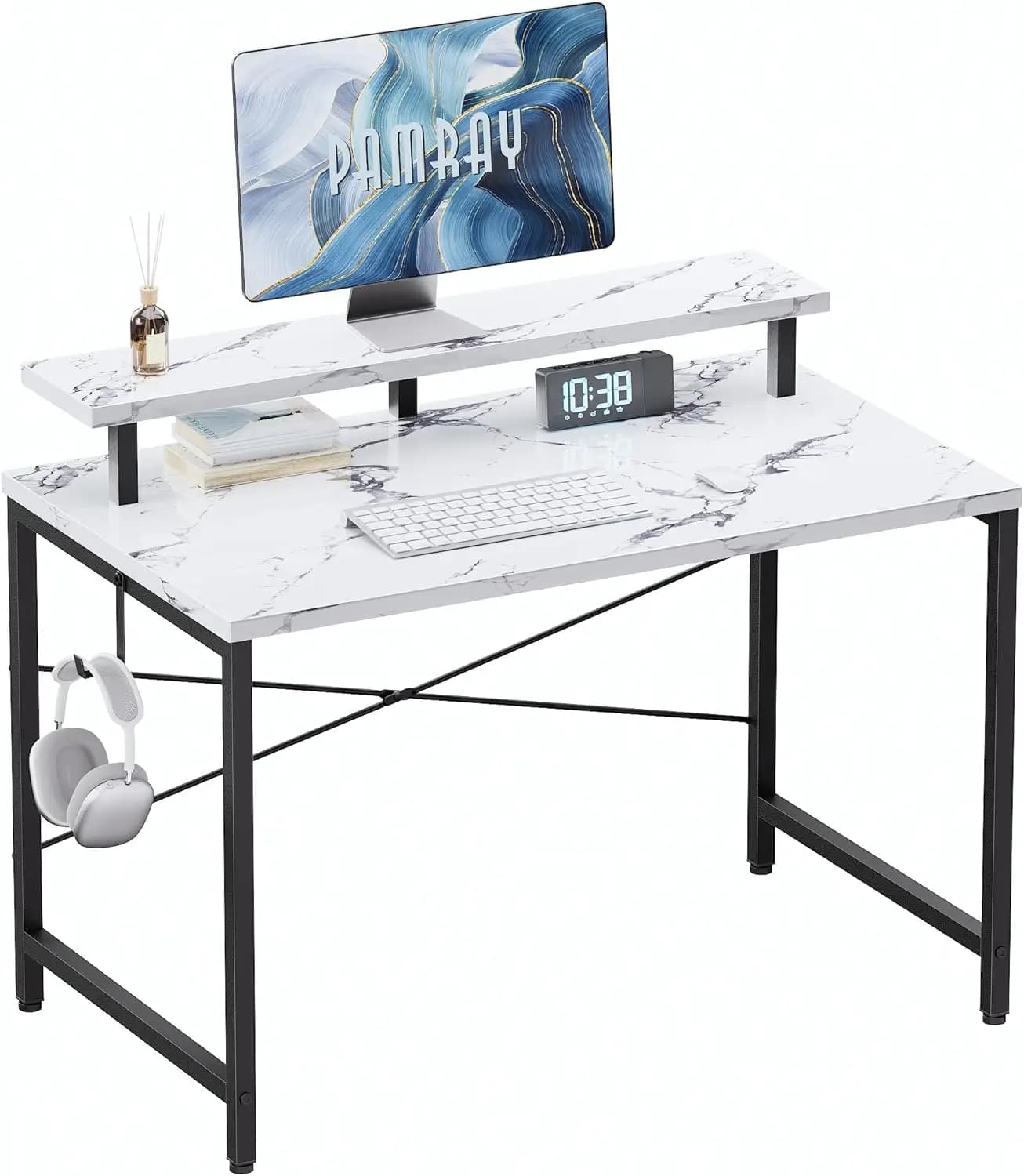 Piccola scrivania per computer da 32 pollici con supporto per monitor, scrivania da ufficio con gancio per cuffie per piccoli spazi, tavolo da studio per bambini, marmo