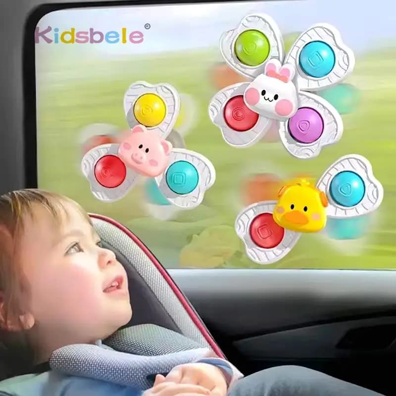 Set 3 Pezzi Giocattolo Sensoriale per Bambini con Ventosa, Animale Cartone Animato, Fidget Spinner, Massaggiagengive per Neonati, Antistress Rotante per il Bagno