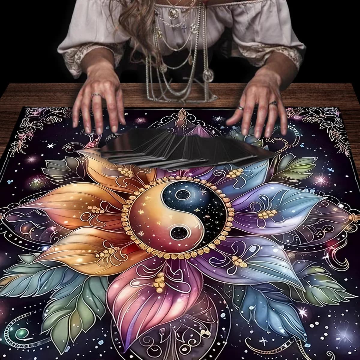 Tovaglia per tarocchi con mandala Yin-Yang Tovaglia per altare Wicca Tovaglia per tarocchi floreale con cielo stellato vibrante per tappetino per tarocchi da divinazione