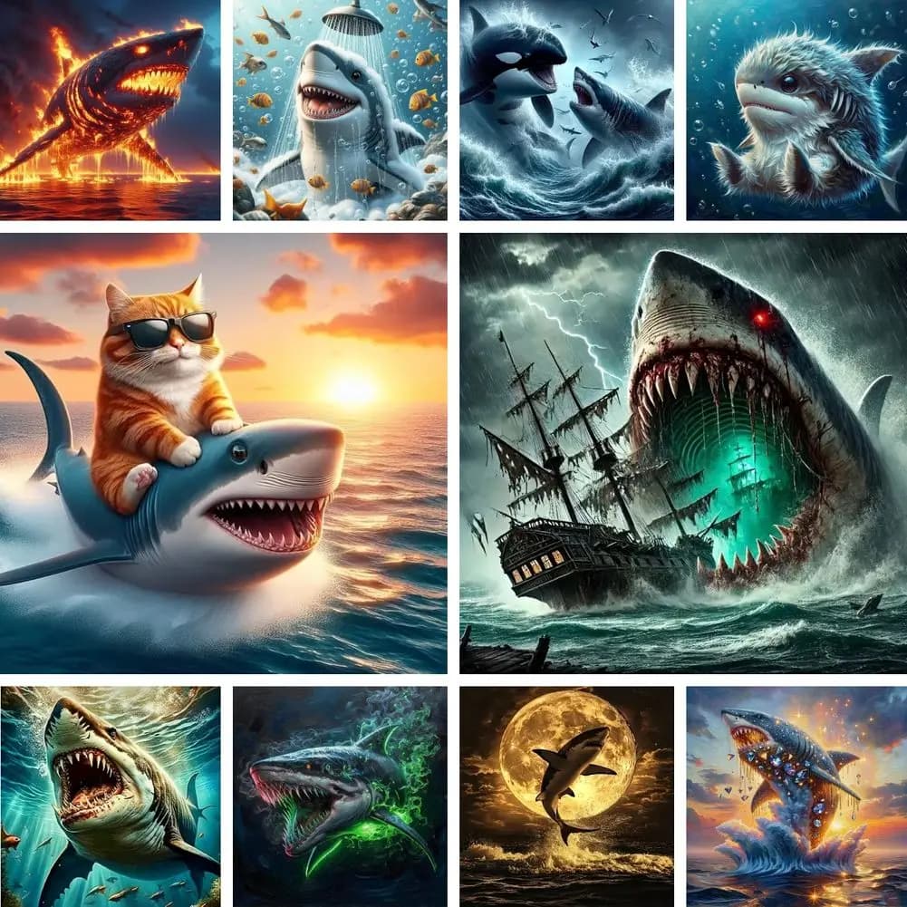 DIY Diamond Craft Painting Cat Riding Shark Giant Monster Ocean Full Square Drill Cross Stitch Hobby Kit Rhinestone Mosaic