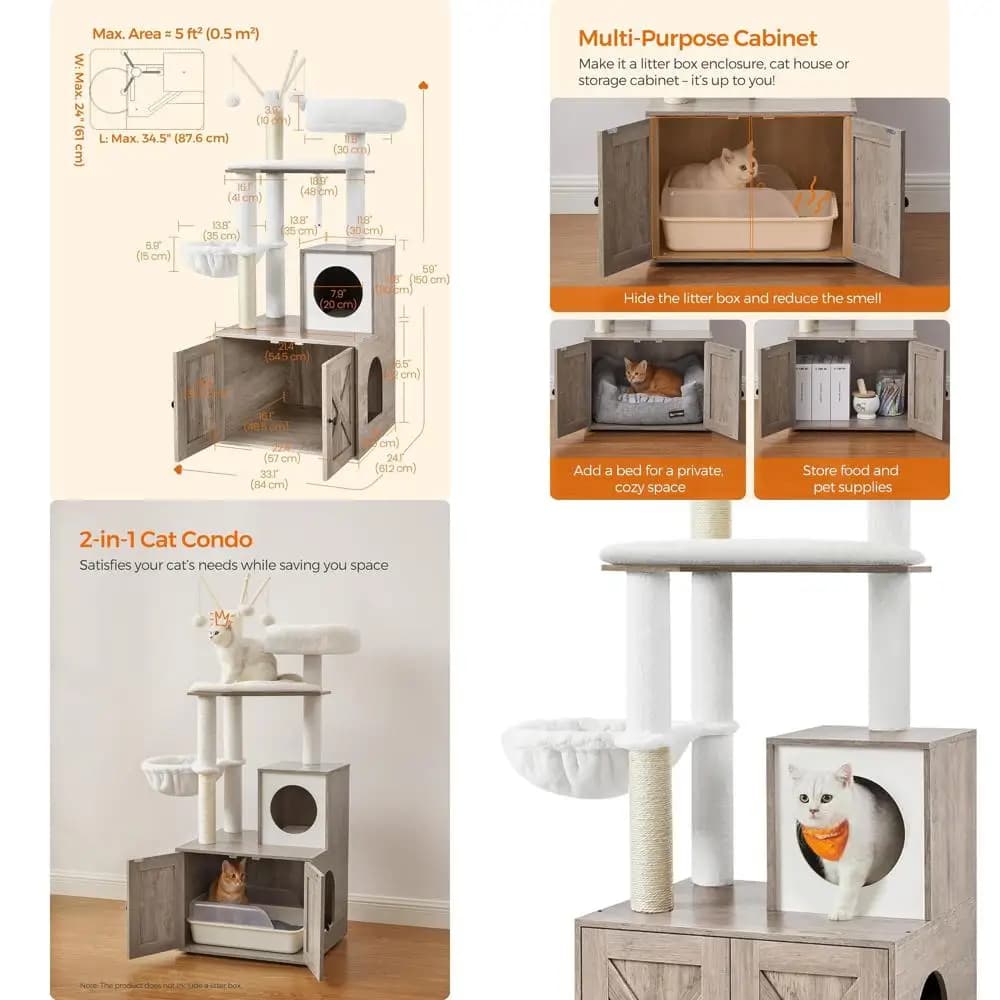 Moderno Tiragraffi 2-in-1 con Lettiera Integrata, Pali da Grattatura, Cuscino Rimovibile, Grigio-Beige