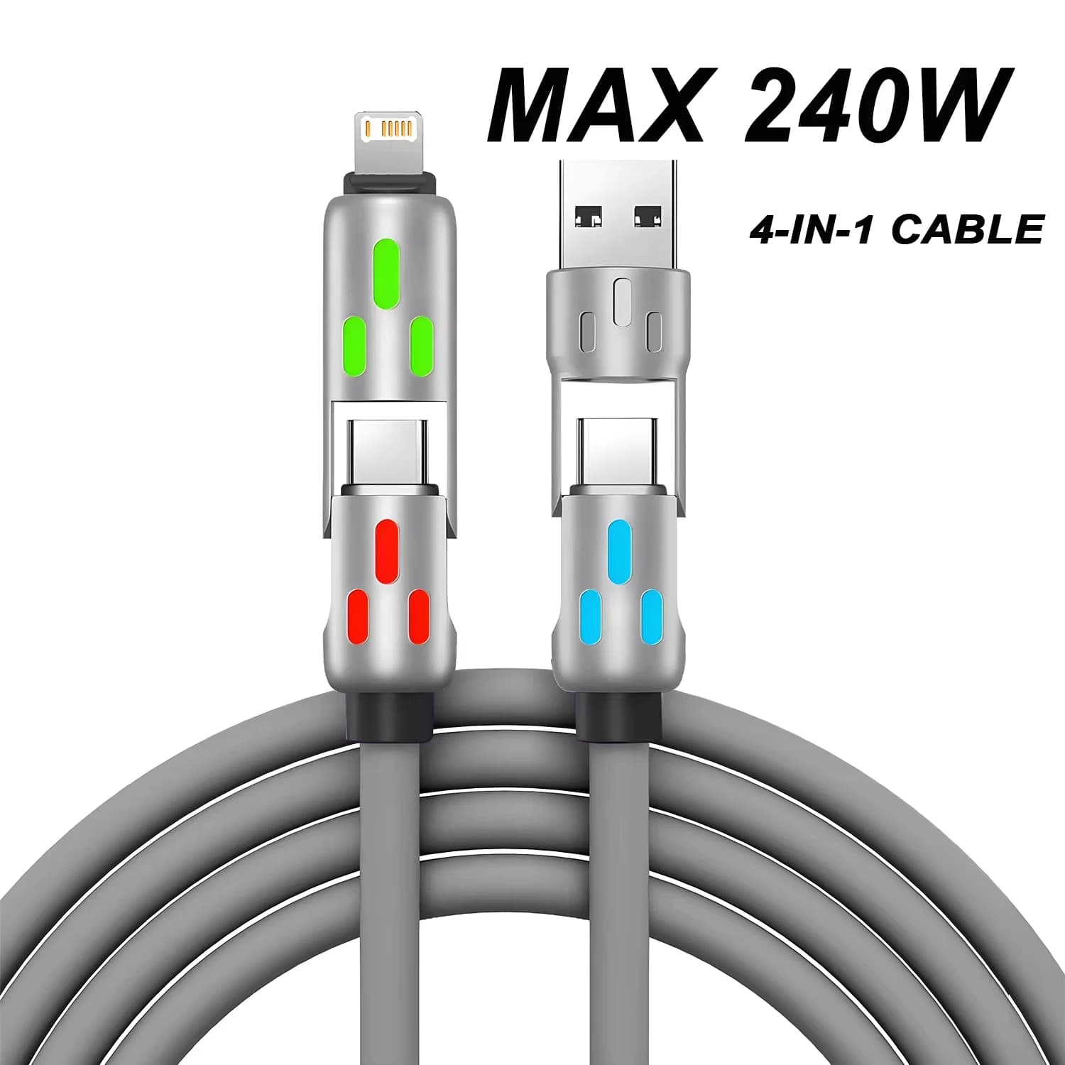 Quick Charging Cable USB A/C to Type C 4 in 1 from 240W with Luminous Rotating Elbow Design, 1M Soft Silicone Data Cable for Phone and Laptop