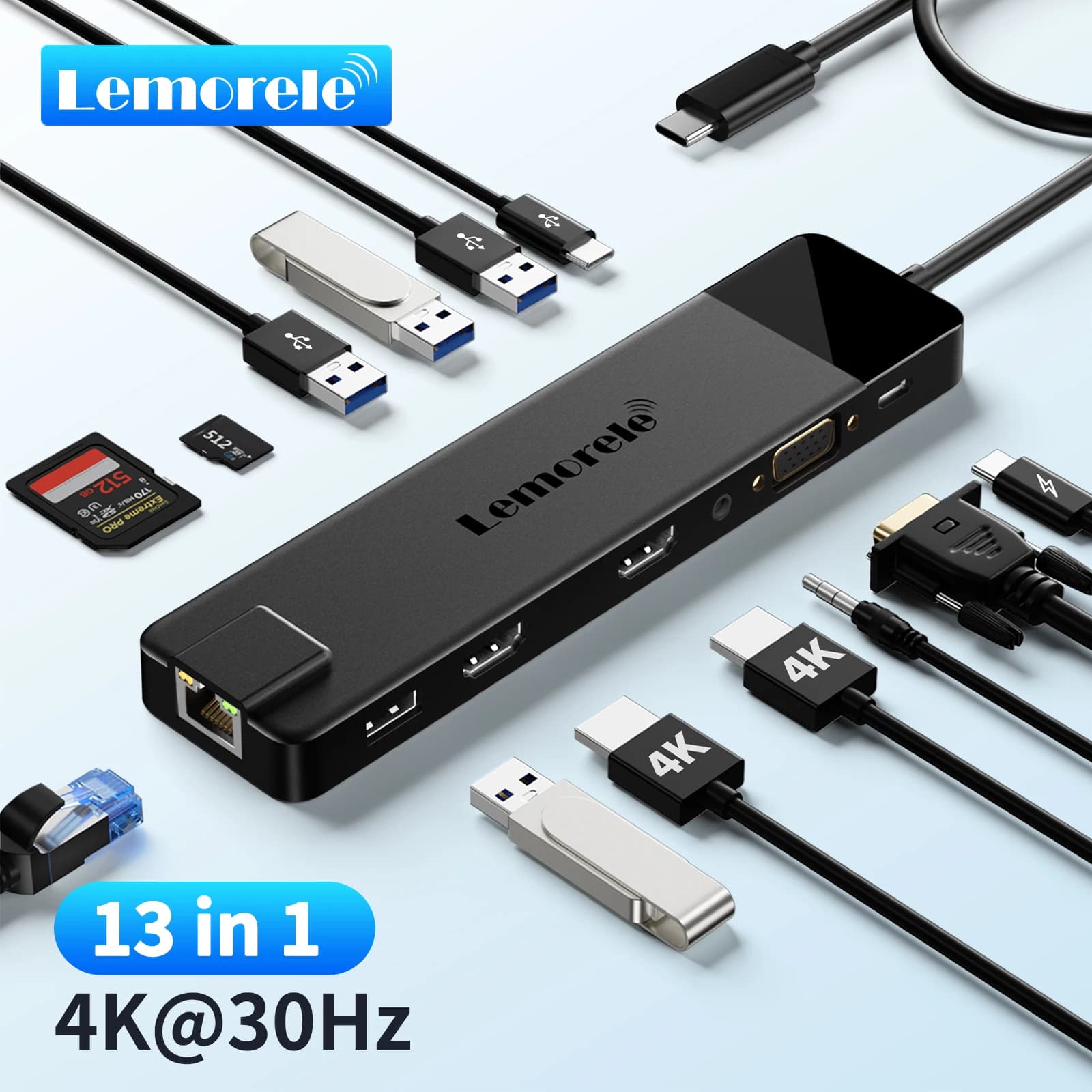 Lemorele 13 in 1 HUB USB HDMI 4K @ 30Hz Adattatore RJ45 Splitter Tipo C HUB 3.0 PD 100W Caricatore Docking Station per MacBook Laptop PC
