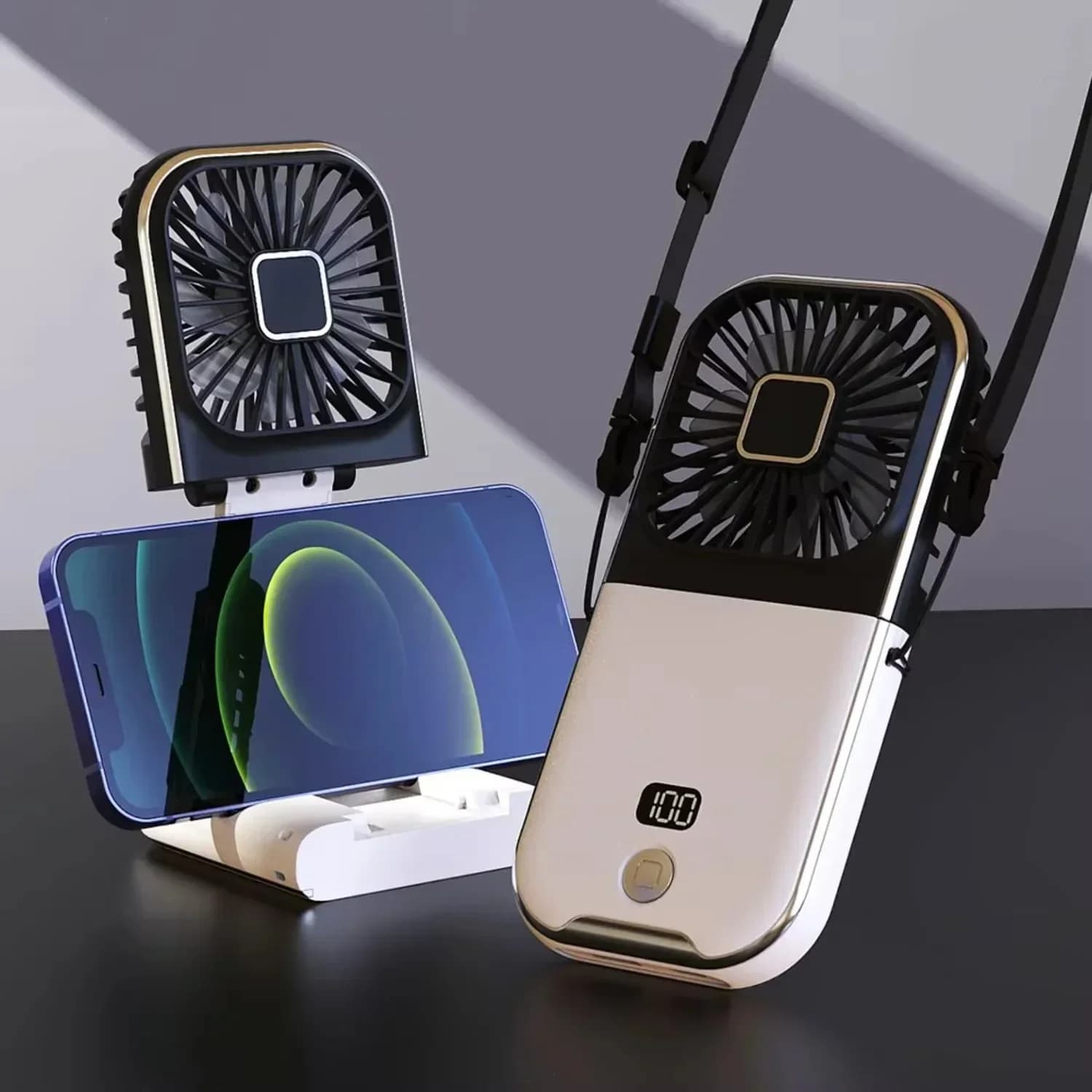Ventilatore portatile pieghevole con ricarica USB, display digitale, mini ventilatore da esterno sospeso al collo, regalo
