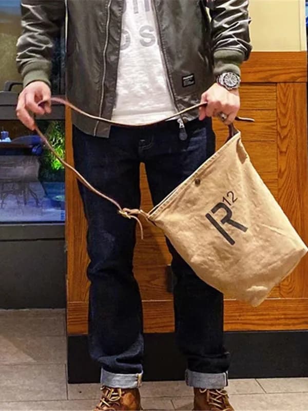 Retro Canvas Shoulder Bag Men's Messenger Bag Tanned Leather Washed Crossbody Bag Vertical Square Shape Medium Size Zipper Cl...