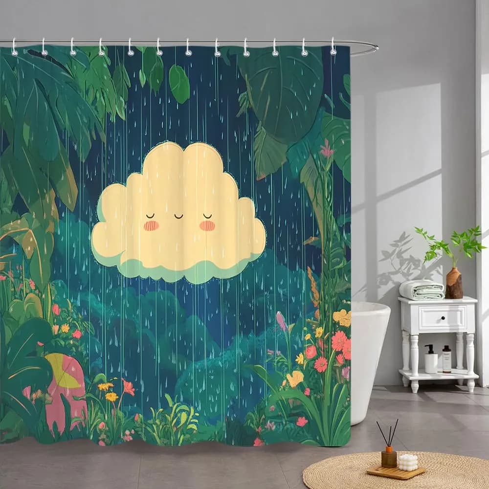 1 tenda da doccia a pioggia tropicale con nuvola felice e fiori rosa - 70 86x70. Tessuto in poliestere da 86 pollici, 12 ganci, lavatrice