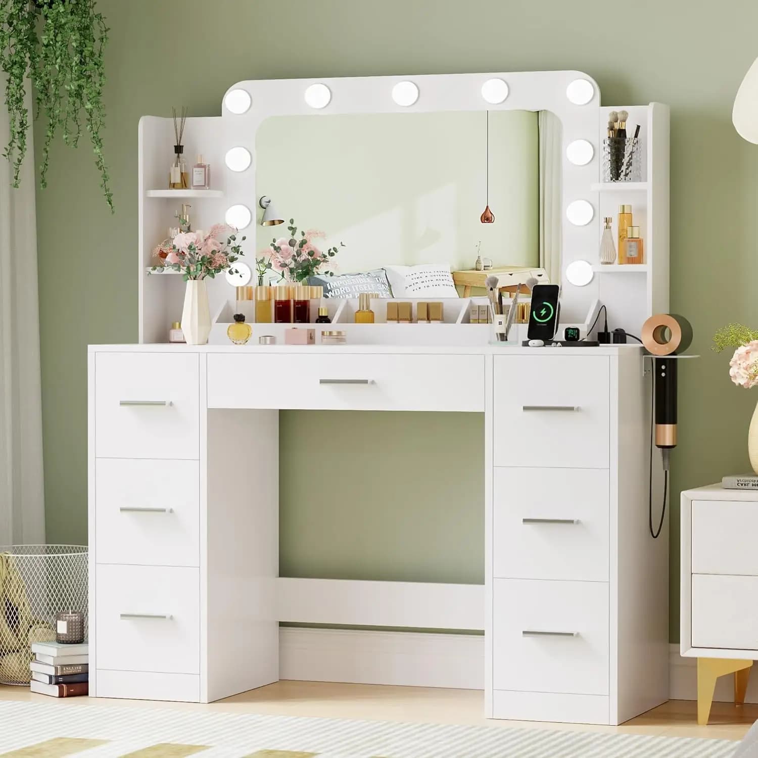 Tavolo da Trucco con Grande Specchio e Luci, Vanity con Presa Multipla e Porta Asciugacapelli, 6 Ripiani Aperti e 7 Cassetti