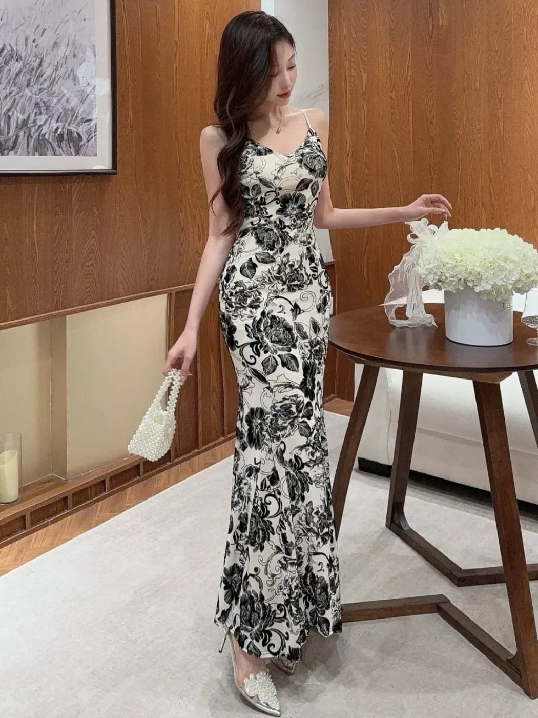 Elegant Chinese New Style Evening Gown Water-Media Strapless Dress Slimming Print High Waist Fish-Tail Skirt Women's Dress