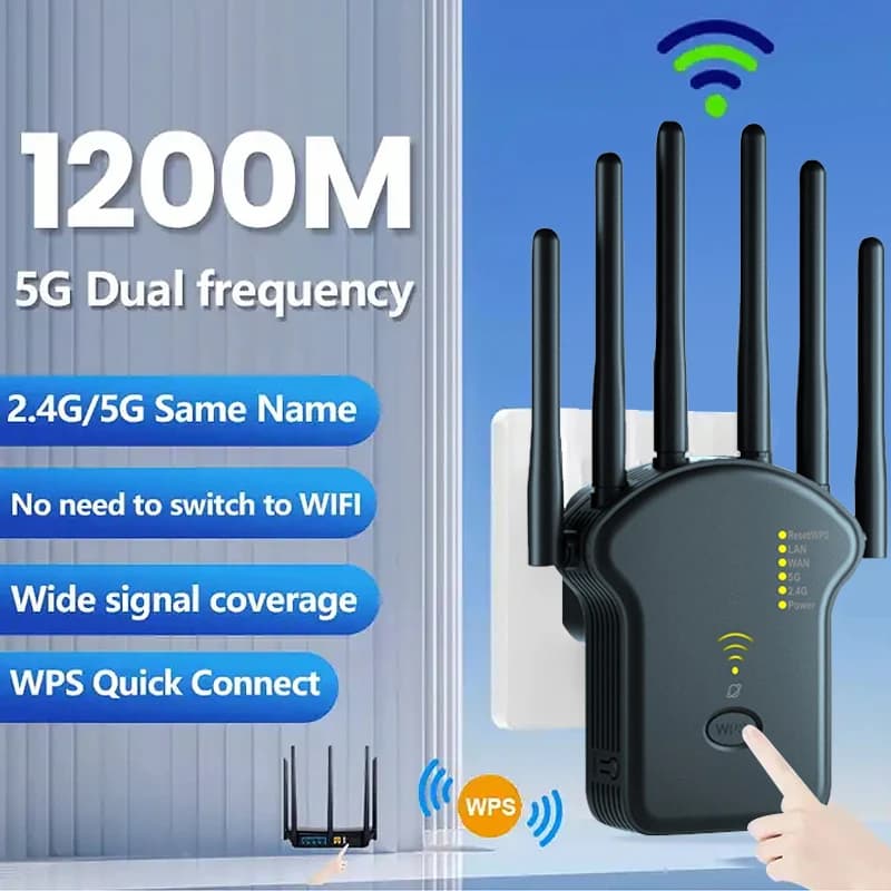Ripetitore WiFi 1200/300M Dual Band, Amplificatore Wireless 2.4G 5GHz, Estensore di Segnale a Lungo Raggio per Router Wireless Casa e Ufficio