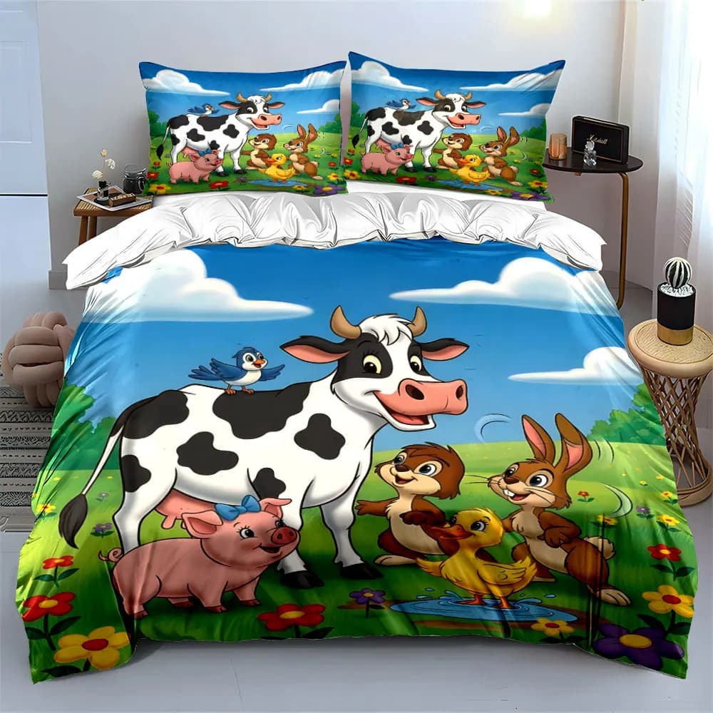 Cartoon Farm Animals Happy Gathering Duvet Cover Set with 3D Printing Design Soft Polyester Bedding Set All-Season Comfort