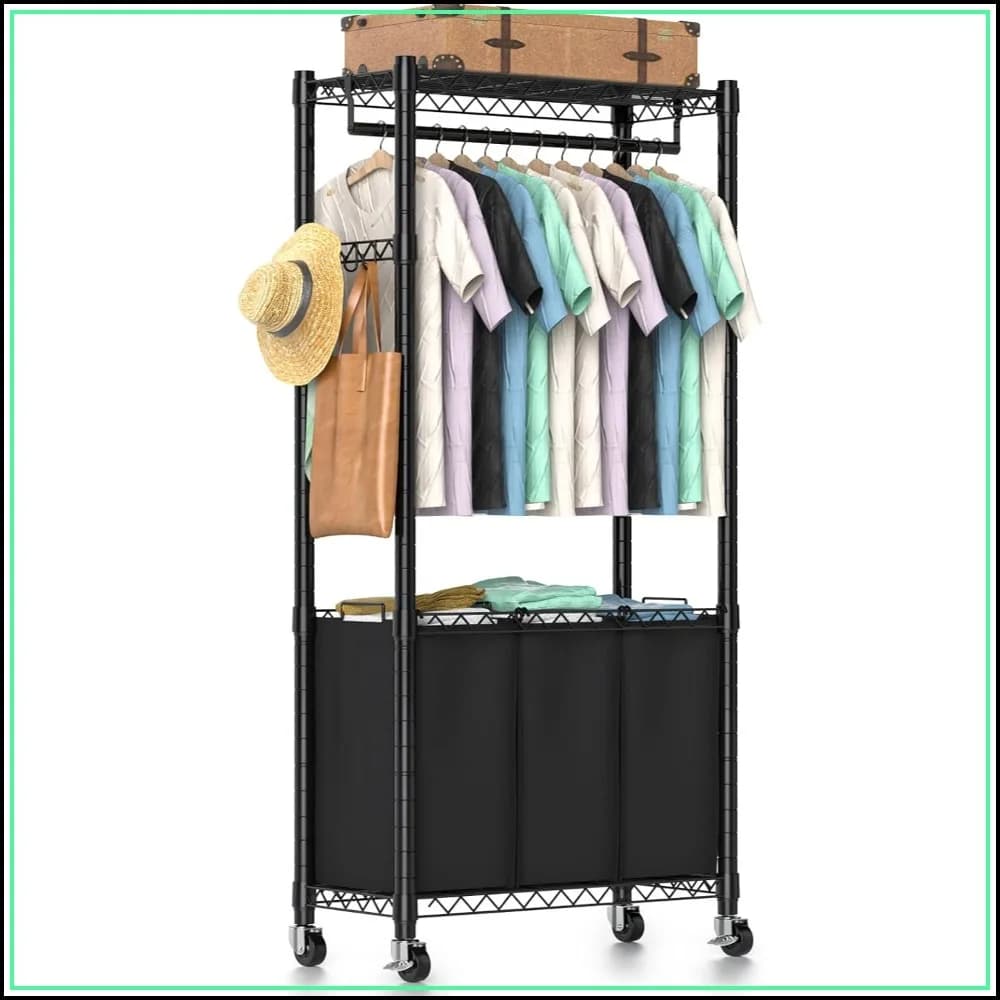 Rolling Laundry Hamper 3 Section with Hanging Bar & Wheels, 120L Capacity, Removable Bags, Black