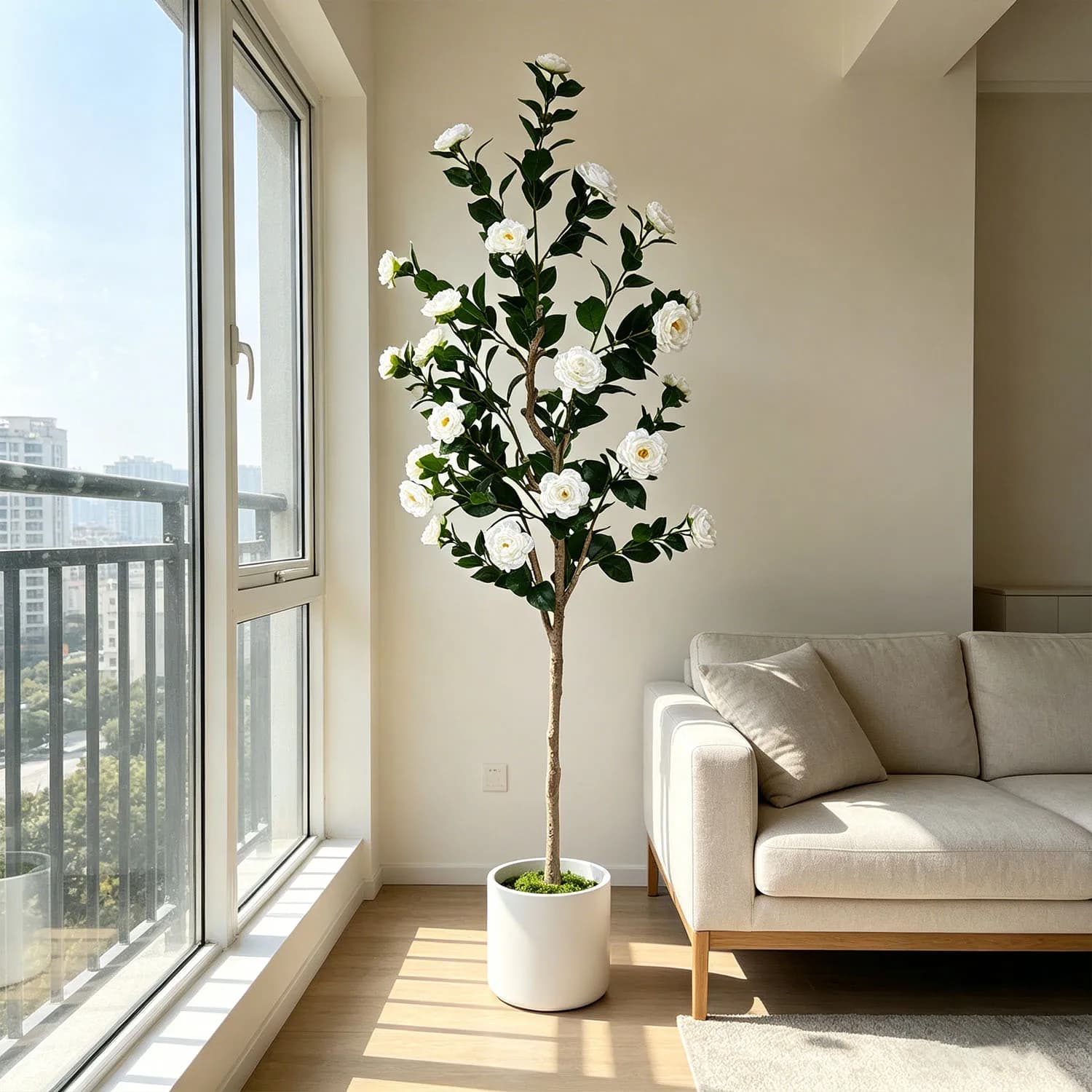 Albero di Camelia Artificiale 1.30m-2.00m con Tronco Spesso e Sottile, Pianta Floreale Finta Realistica per Decorazioni Interne ed Esterne, Casa e Matrimoni