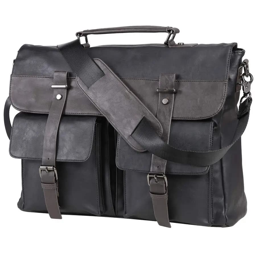 17.3 Black PU Leather Vintage Laptop Bag, Water Resistant, Shoulder Bag, Folder, Valigetta