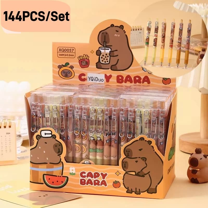 144pcs/Set Capibala Gel Pen 0.5mm Black Cartoon Doll Metal Clip Press Cute Shape Signature Pen School Supplies Office Stationer