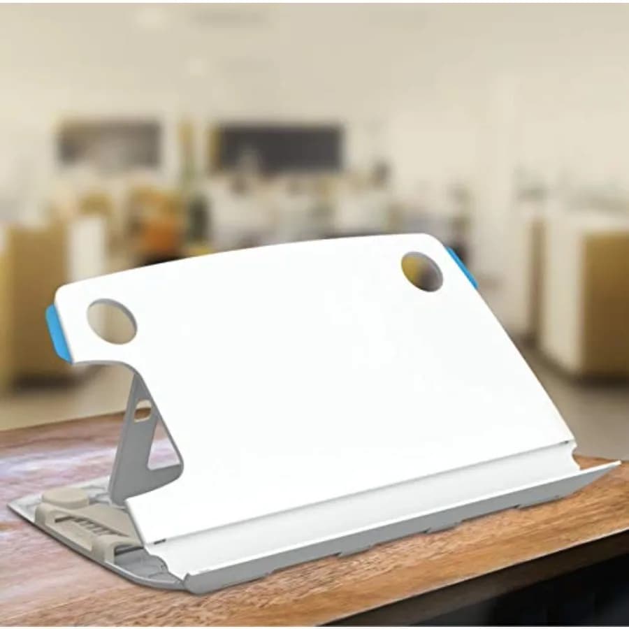 Supporto sottile per laptop da scrivania in colore bianco alpino con materiale in alluminio di alta qualità e design elegante per una maggiore produttività