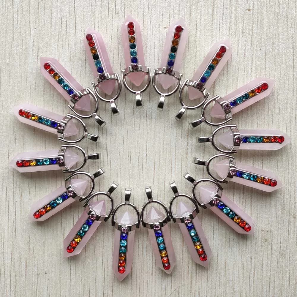 Pendenti del pendolo del pilastro Reiki dei 7 Chakra della pietra naturale del quarzo rosa di modo per la fabbricazione dei monili 24pcs/lot Trasporto libero all'ingrosso