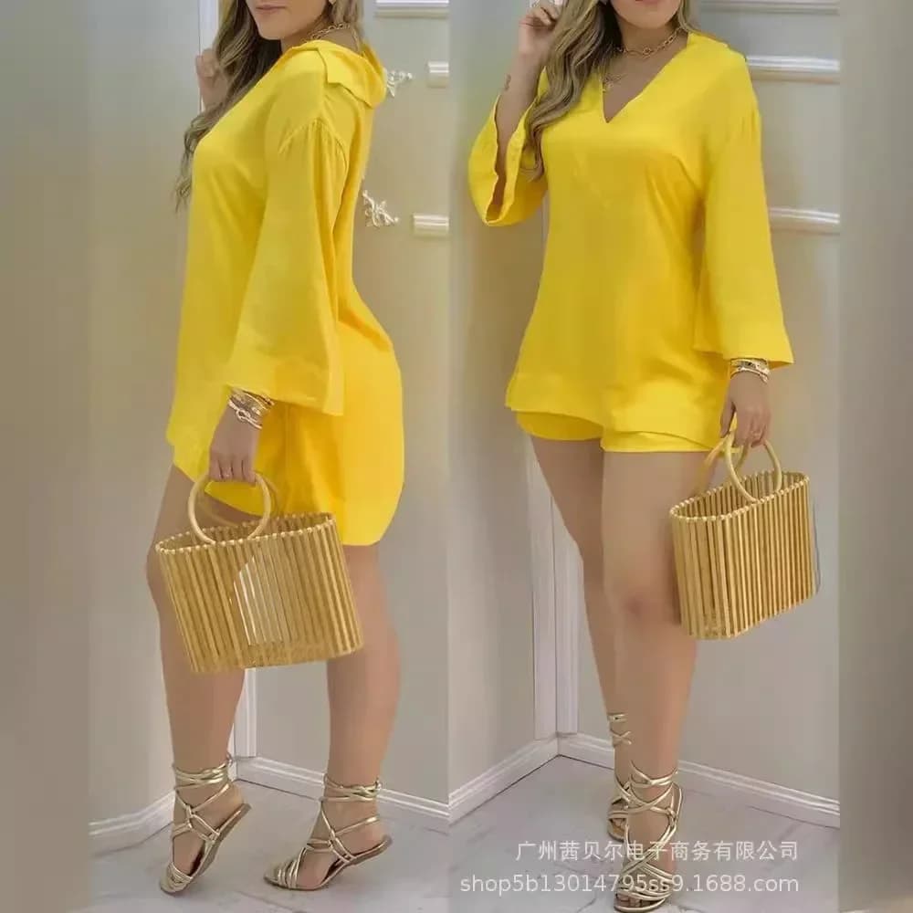 Donne nuovi 2 pezzi vestiti Set manica lunga scollo a V camicetta Top vita alta pantaloncini tinta unita pantaloni abbigliamento vestito