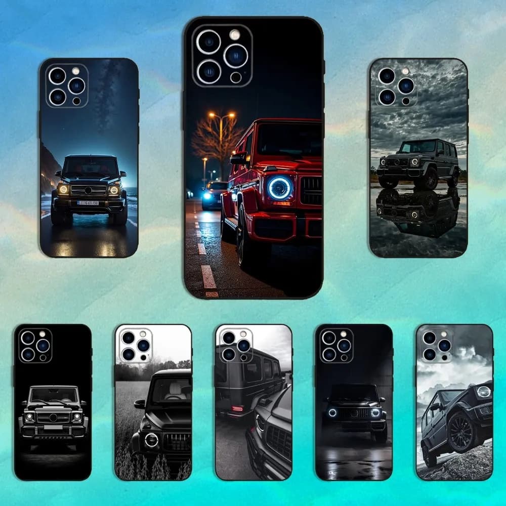 Custodia per telefono per auto Cool M-Mercedes-G63 per iPhone 16,15,14,13,12,11 Plus,Pro Max, XS, X, XR, SE, Mini, 8,7, cover nera in morbido silicone