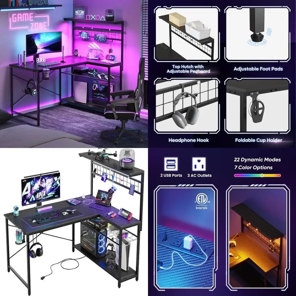 Scrivania da gioco Bestier da 42 litri, scrivania per computer con prese di corrente, luci a LED, scrivania angolare reversibile con ripiani a 4 livelli, portabicchieri e H