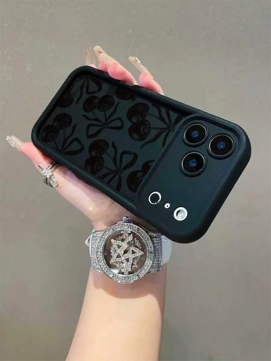 Black TPU Phone Case With Cherry And Bow Pattern Full Coverage Shockproof For iPhone 15 14 13 12 11 S26 S25 S24