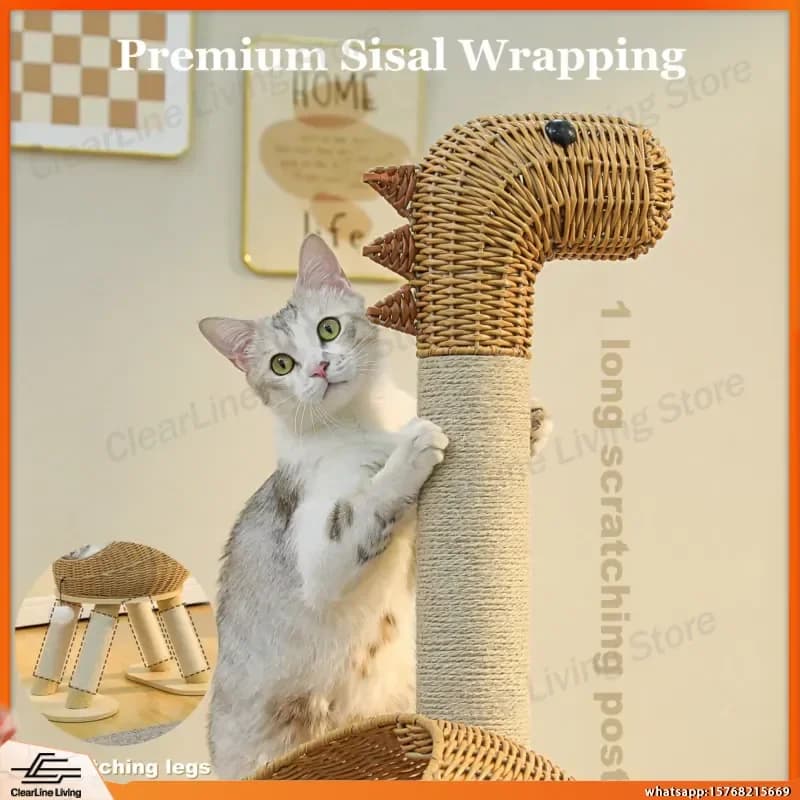 Torre Tiragraffi per Gatti a Tema Dinosauro con Tiragraffi in Sisal, Cuccia per Gatti in Rattan, Letto per Gatti in Vimini da Interno, Tappetino Rimovibile e Giocattoli Sospesi