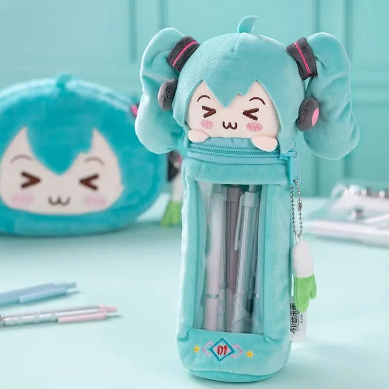 Hatsune Miku anime plush pen holder kawaii girls pencil case student large capacity stationery box miku doll pencil case gift