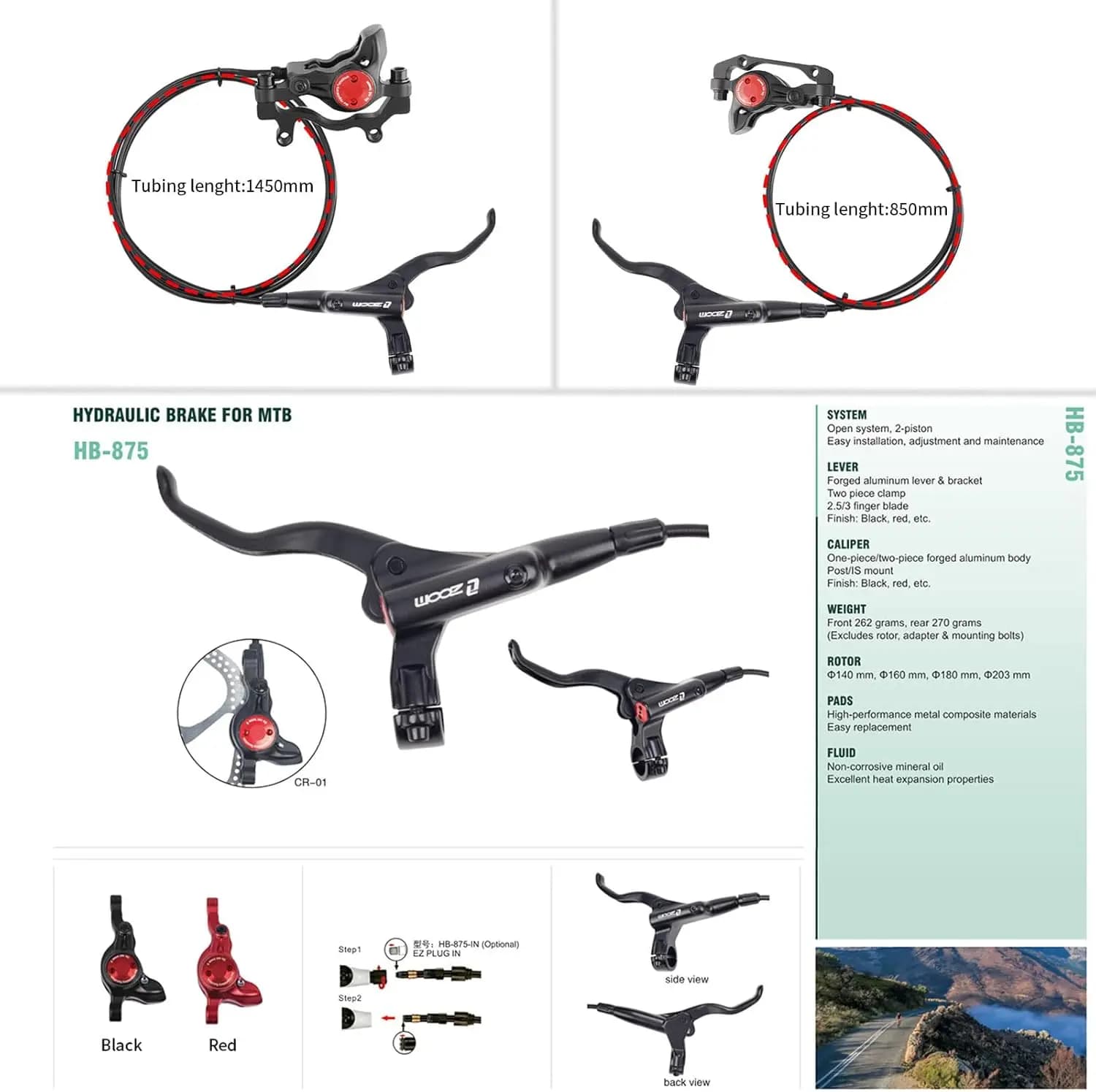 Z00M HB875 Set 2-piston MTB hydraulic disc brakes with right front instrument 800mm left rear 1400mm for road bike E-Bike Fat Bike